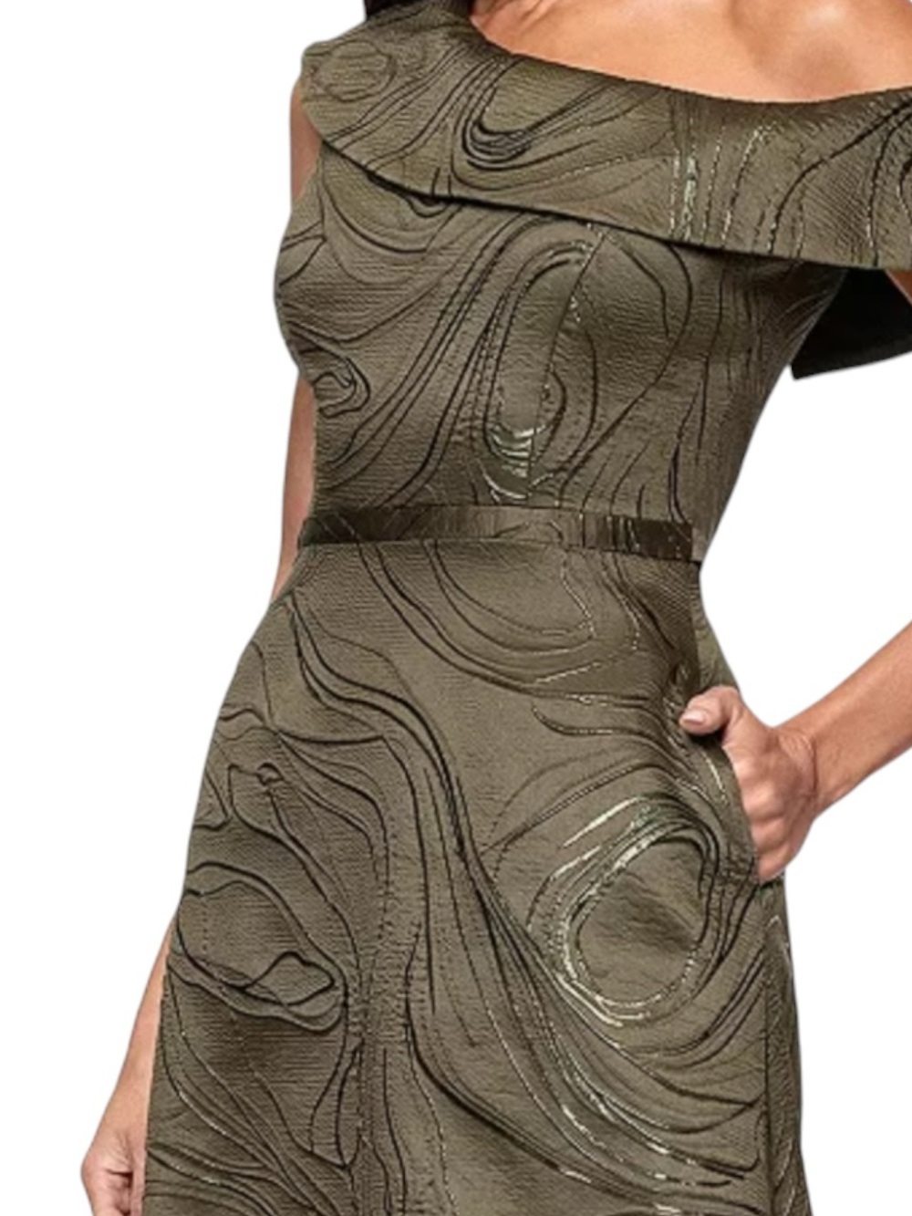 NWT XSCAPE Olive One-Shoulder Jacquard Textured Evening Gown Dress Size 4 - Picture 4 of 6